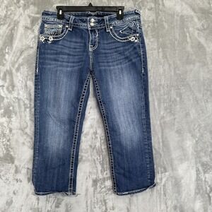 Vigoss Capri Jeans Embroidered Floral Rhinestone Size 11/12 Blue Denim Dark Wash